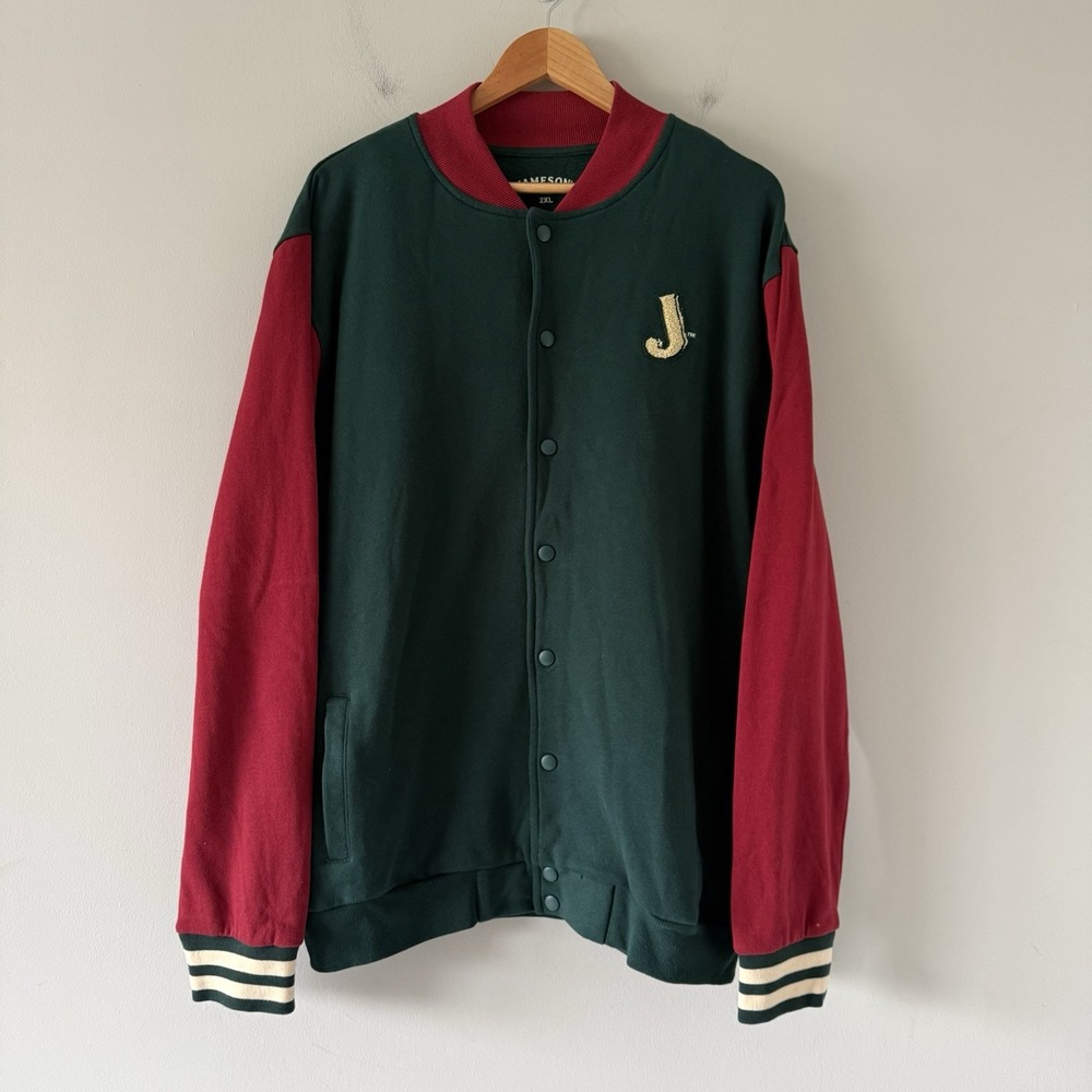 Jameson Irish Whisky Varsity‎ Jacket Mens 2XL Red Green Snap Spell Out Cotton